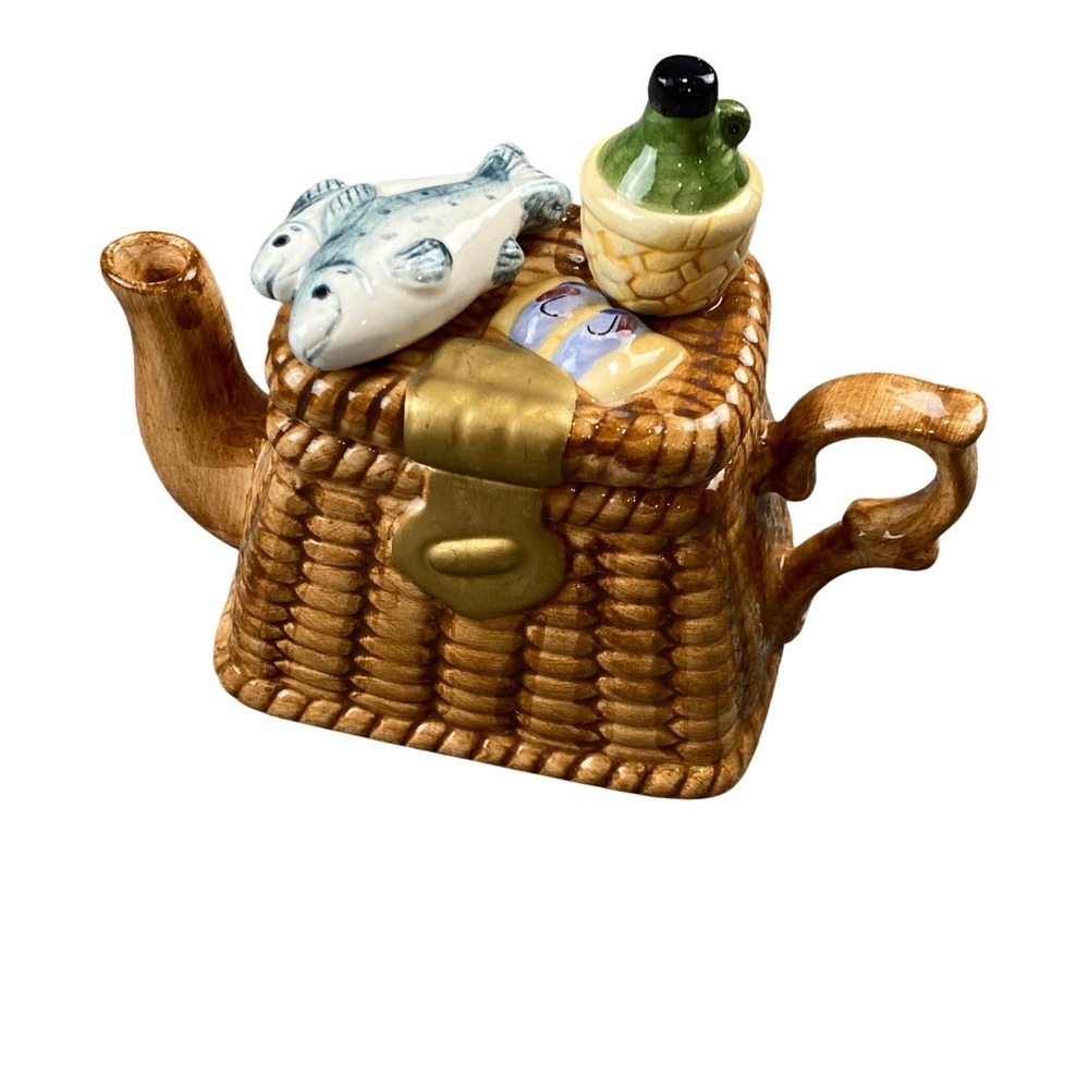 World Bazaars Fishing Creel Basket Ceramic Mini Teapot Fish Bottle Novelty Decor